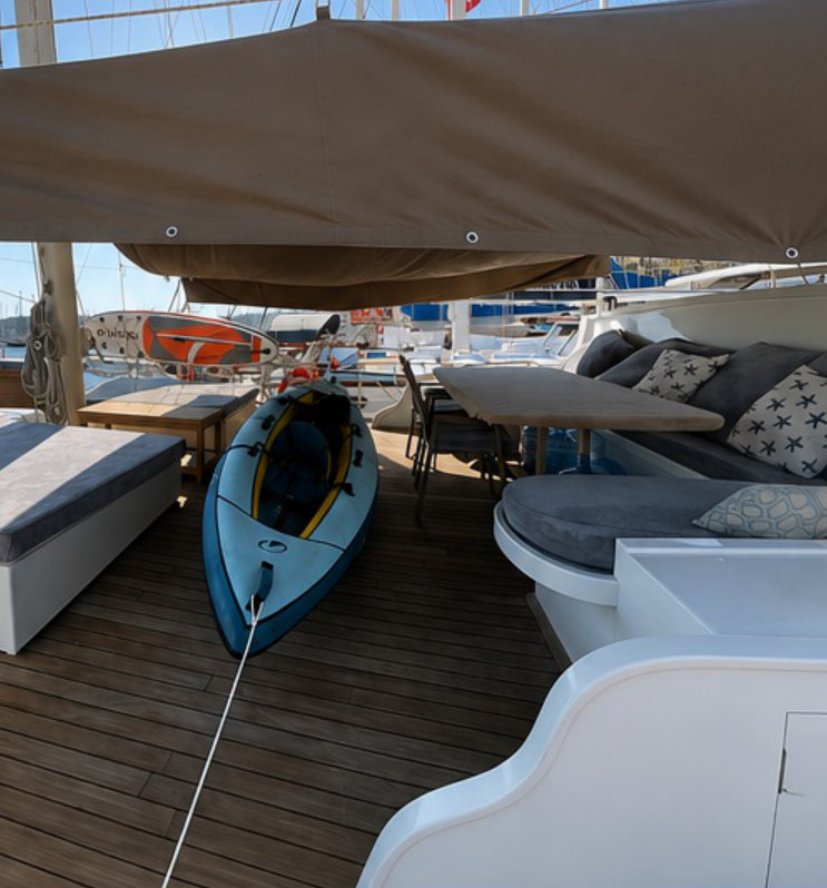 Shaded deck with canoe