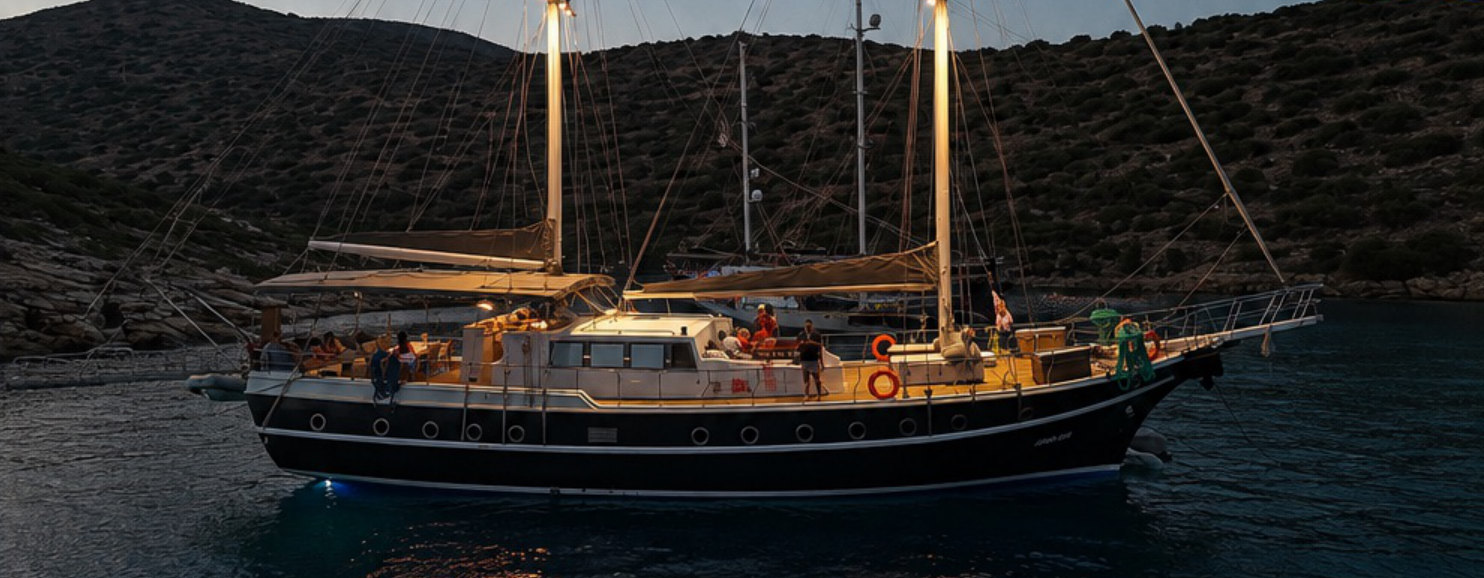 AURA SEA anchored in a bay at dusk