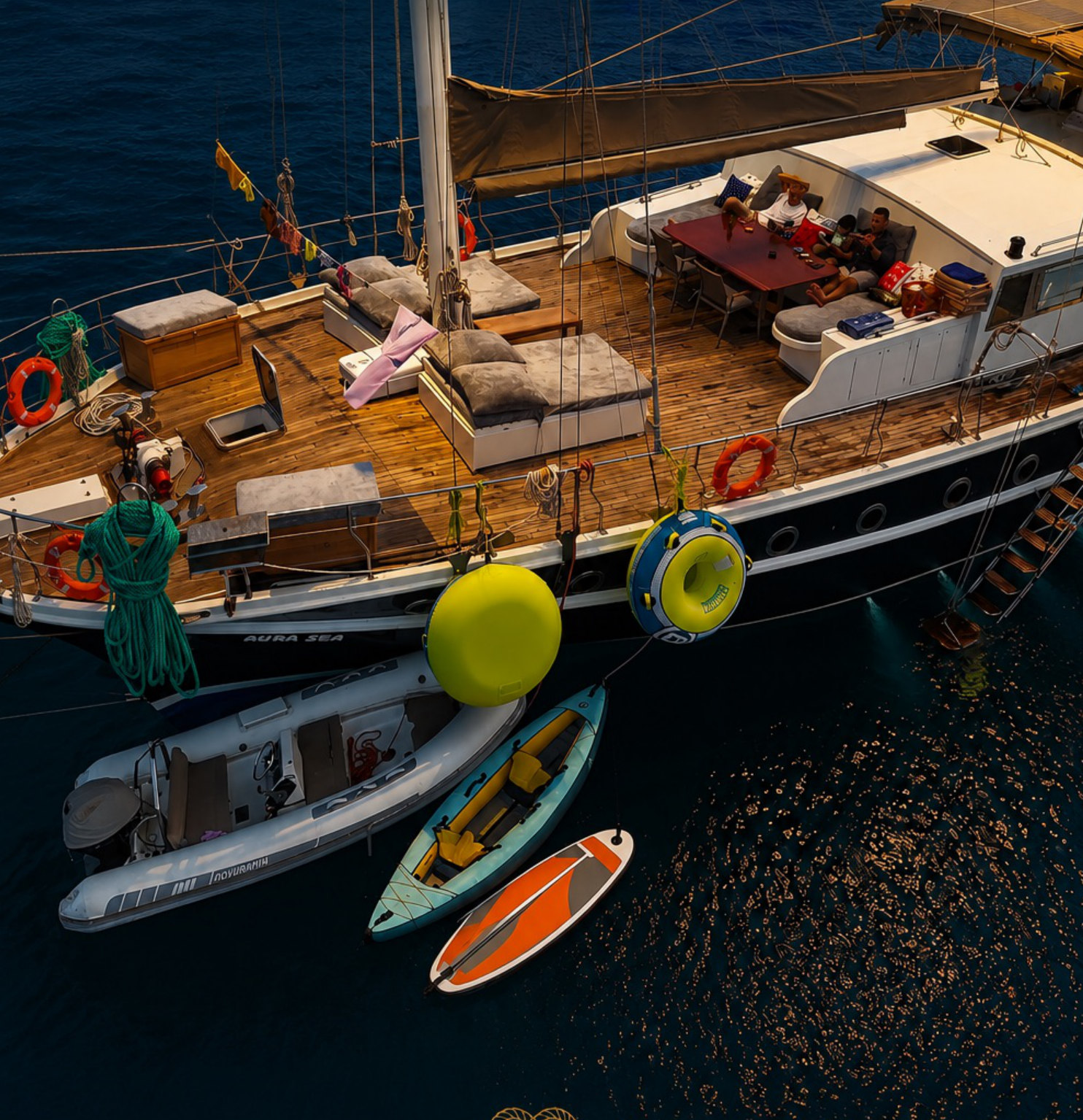 Aerial view of the AURA SEA teak deck with lounge cushions and dining table